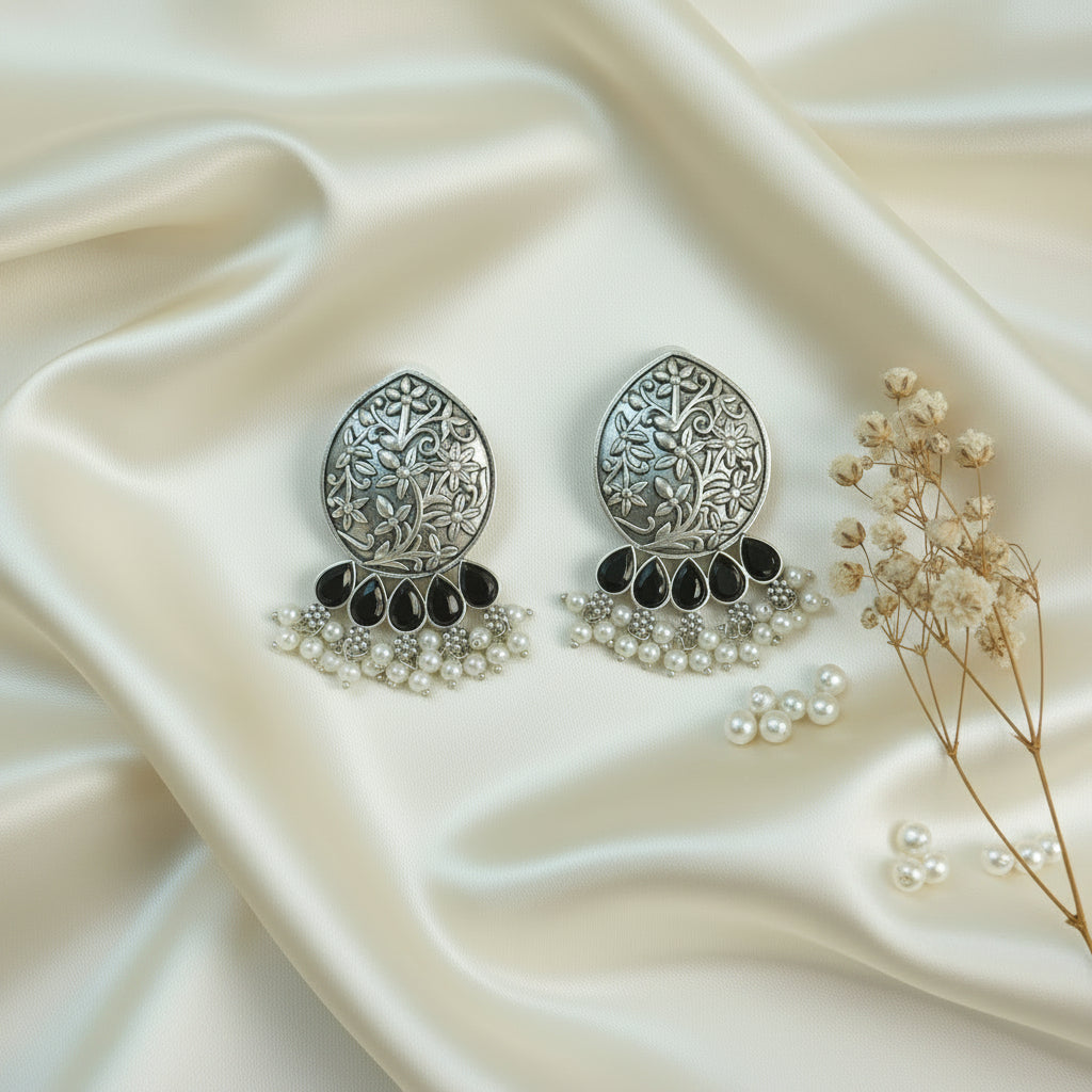 Black stone Floral Brass Earrings