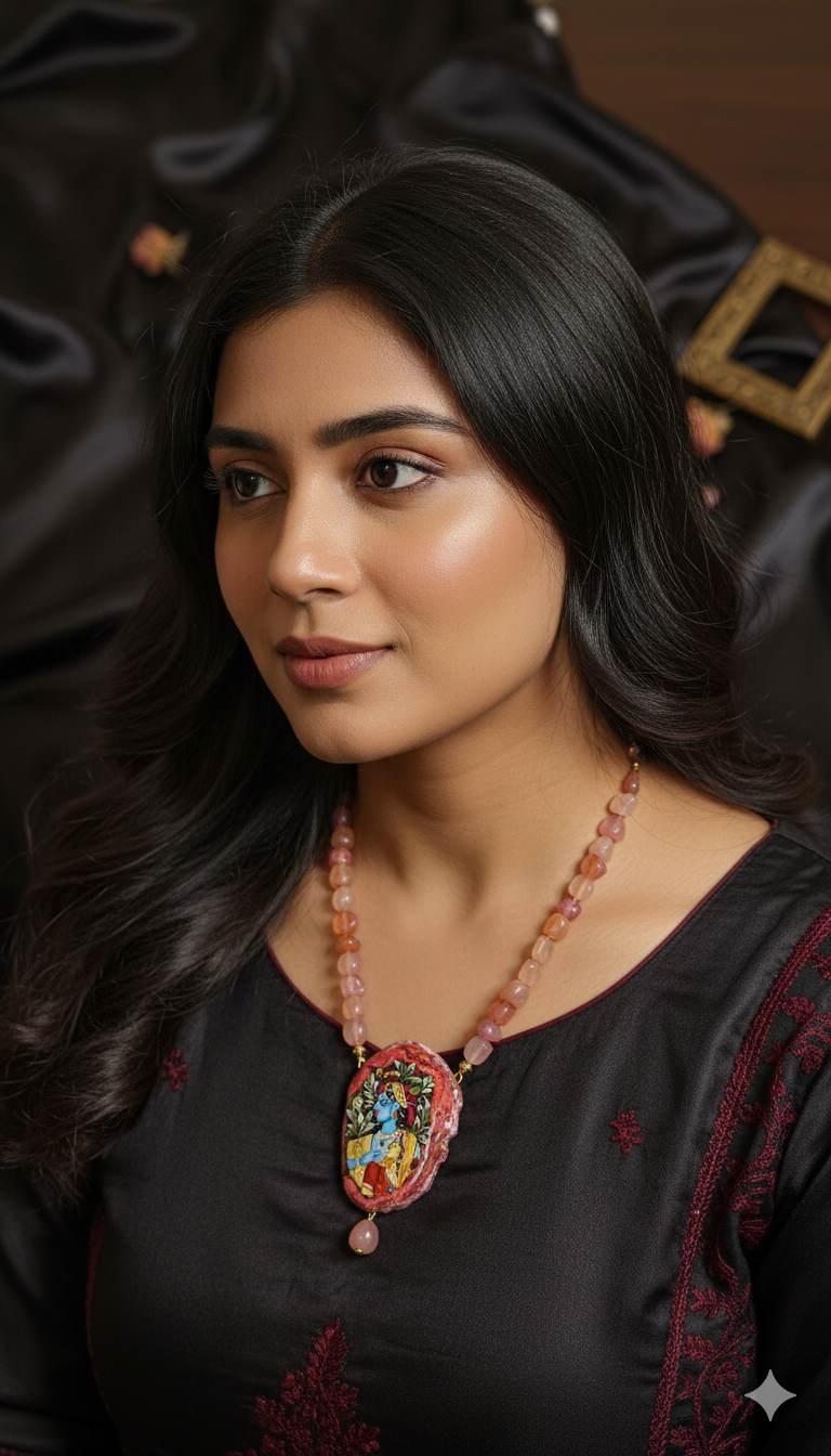 Pink Radha Krishna Pendent Necklace