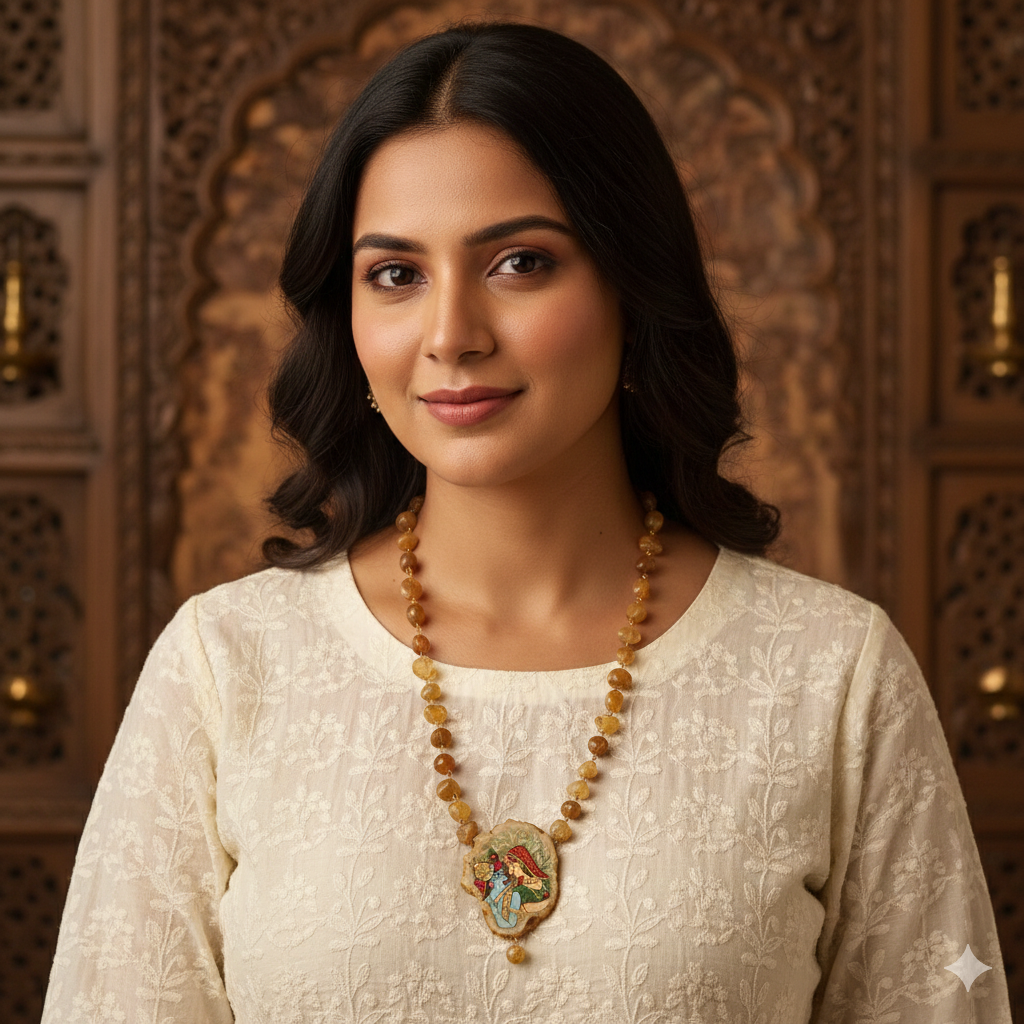 Yellow Radha Krishna Pendant Necklace