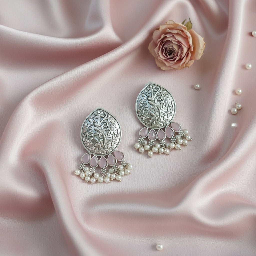 Pink Stone Floral brass earrings