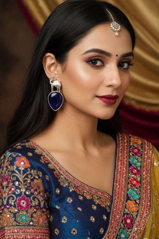 Hiran Motif Brass Earrings( Royal Blue)