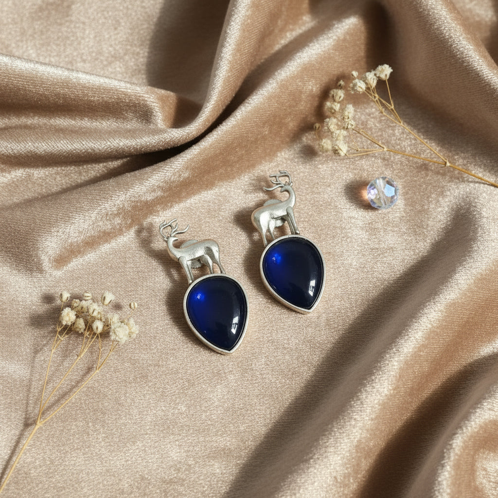 Hiran Motif Brass Earrings( Royal Blue)
