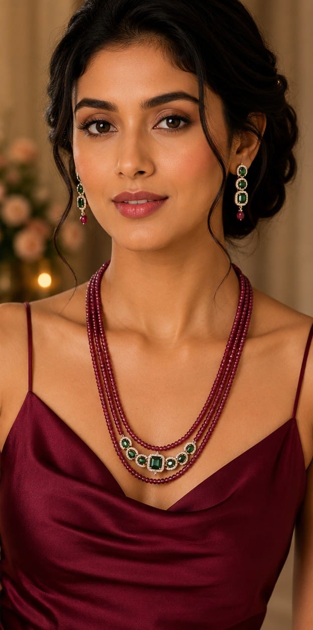 3 layers Pink onyx batti Necklace