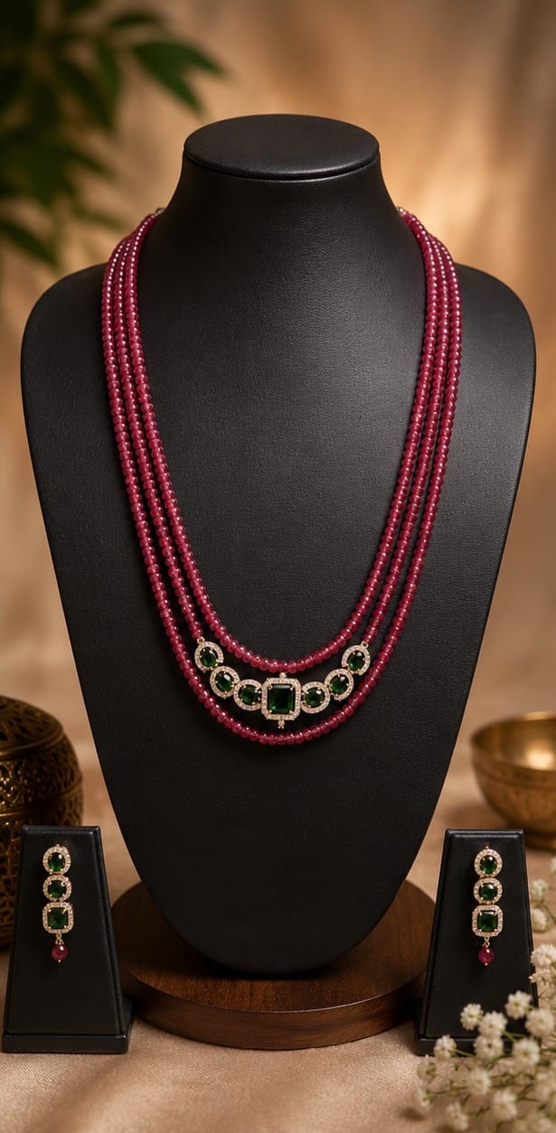 3 layers Pink onyx batti Necklace