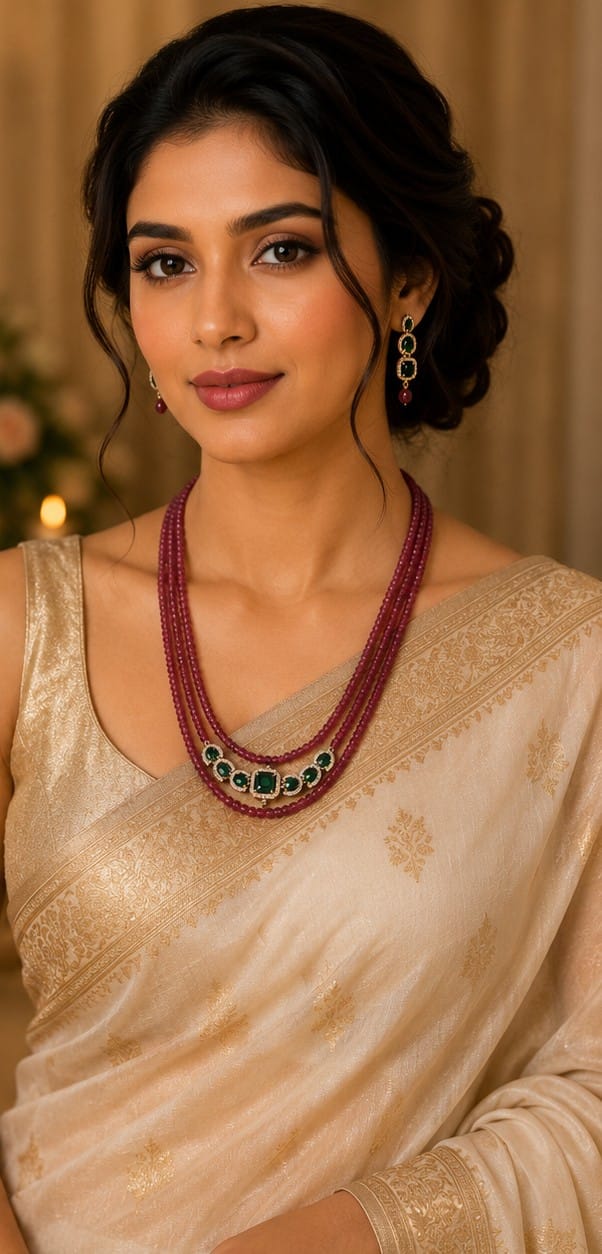 3 layers Pink onyx batti Necklace